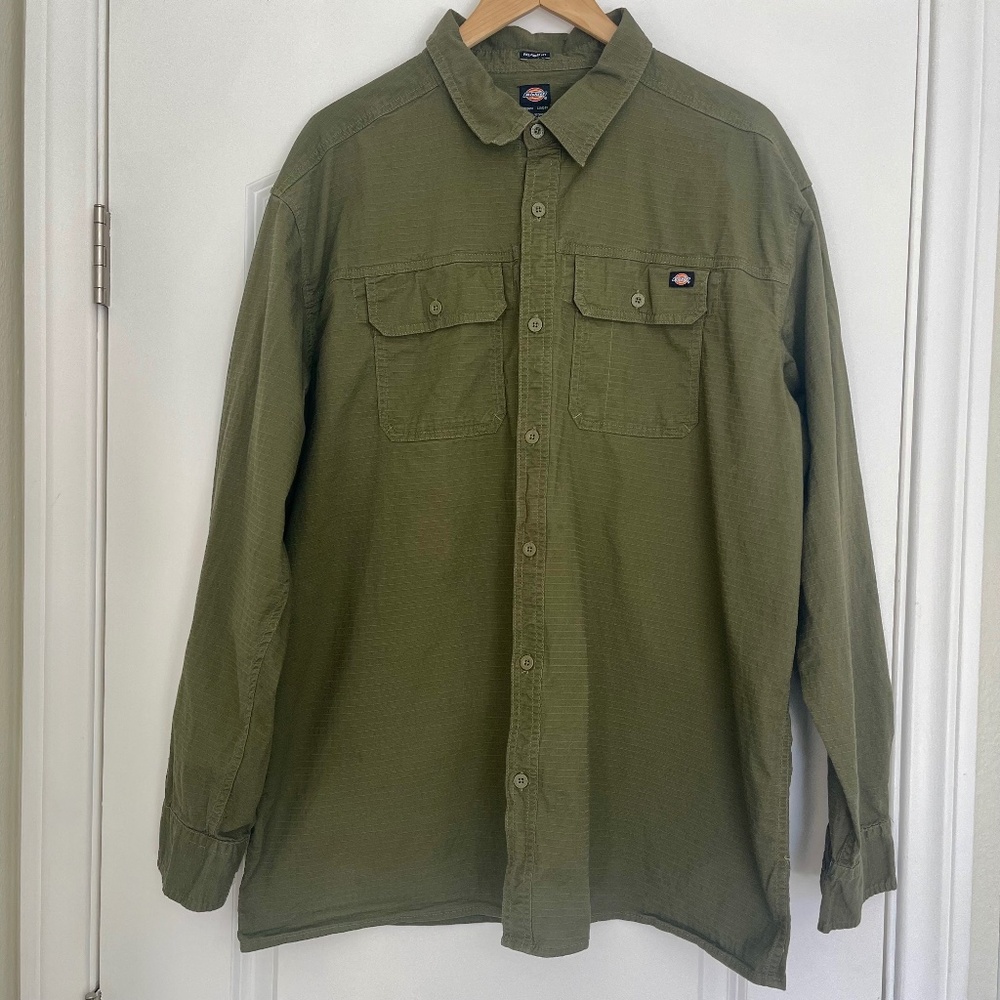 Dickies Relaxed Fit Long Sleeve Button Up Shirt Workwear Olive Green 2XL